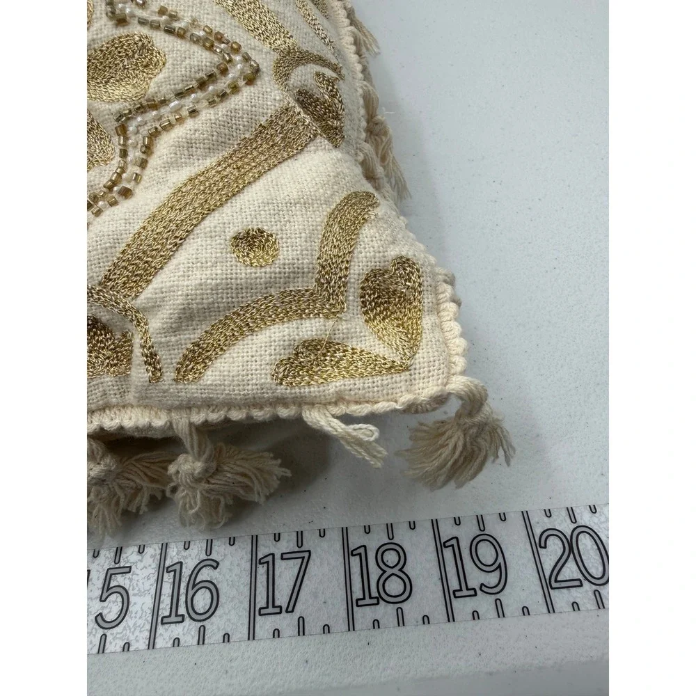 Beaded Throw Pillow Square Cotton Gold Cream Boho Tassel Accent Cushion 18x18
